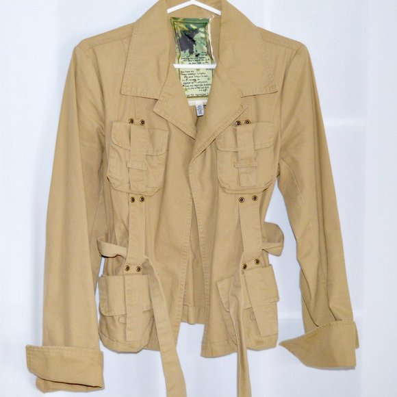 Vintage Women's Safari Style Belted Tan Jacket with Military Tactical Pockets - Picture 5 of 5